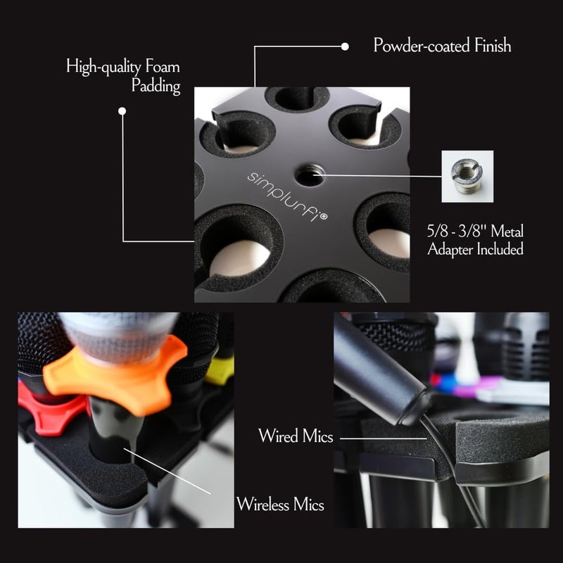 Simplurfi Multi Microphone Holder For Mic Stand - Square Tray Attachment holds up to 8 mics On Stage Organizer and Display - 8 Anti-roll Rings Included - Image 3